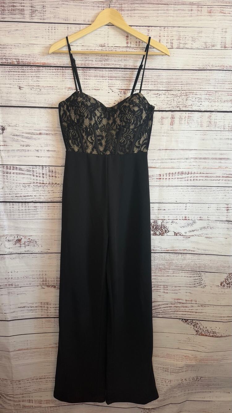Lulu’s Eloquently Enticing Black and Beige Lace Bustier Jumpsuit Medium